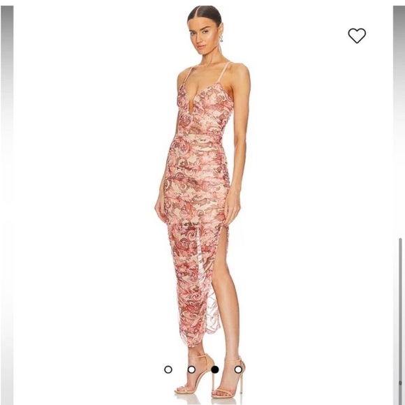 elliatt mica leaf print peach pink ruched deep v neck side slit midi dress small - Picture 5 of 14